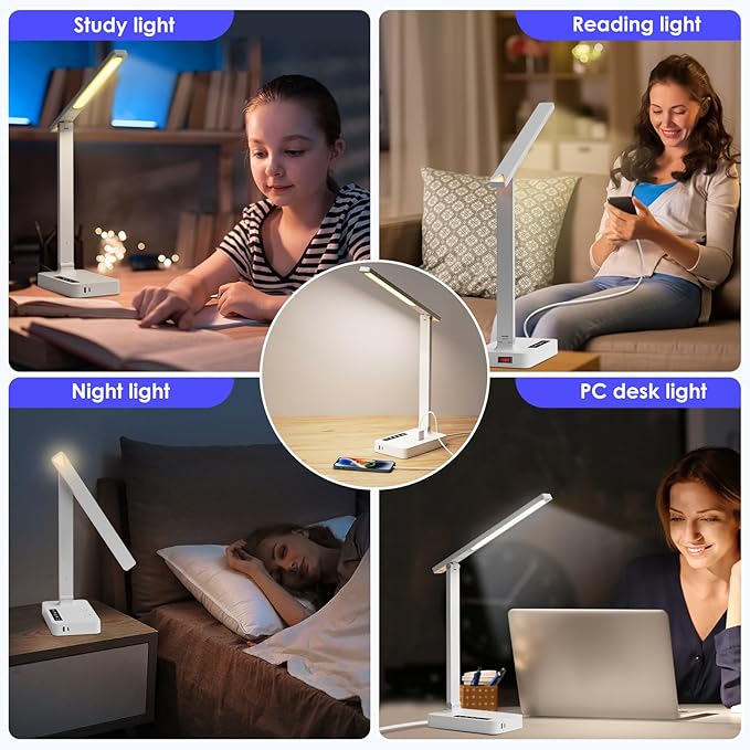 Infiway LED Desk Lamps for Home Office: Desk Lamp with USB Charging Port - 1 USB-A, 1 Type-C Ports, 2 AC Power Outlets, Touch Control Dimmable 5 Color 5 Brightness, Night Light(White)