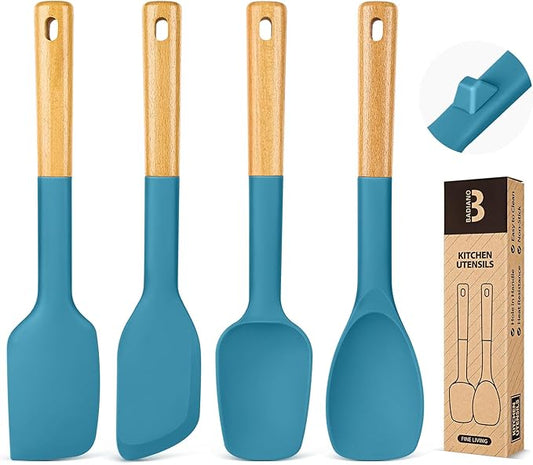 Silicone Spatula Spoon Set, Great for Mixing, Folding, Scraping, and Spreading, Sturdy BPA-Free Matte Silicone, Wooden Handle Rubber Spoonula for Nonstick Cookwares,4 Pack (BLUE)