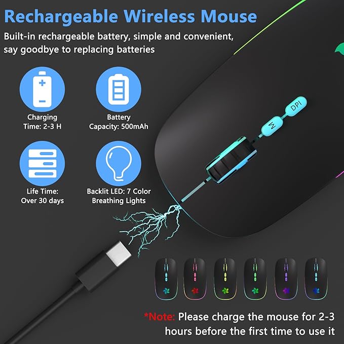 KARFUN Wireless Mouse, 2.4GHz & Bluetooth Two Mode, 7 Color Breathing Lights Computer Mouse for Laptop/MacBook/PC/Tablet/iPad, Rechargeable (Black)