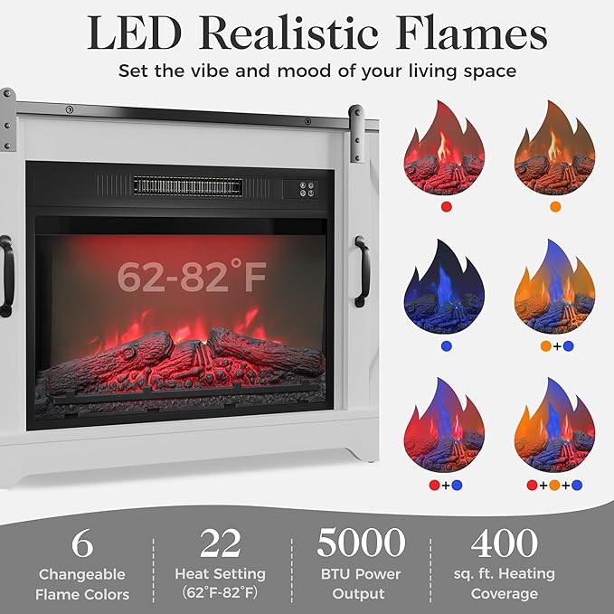 RoyalCraft Farmhouse Fireplace TV Stand, Entertainment Center for 65+ Inch TV with 23" Electric Fireplace, Modern Rustic TV Console with Sliding Bar Door for Living Room, White