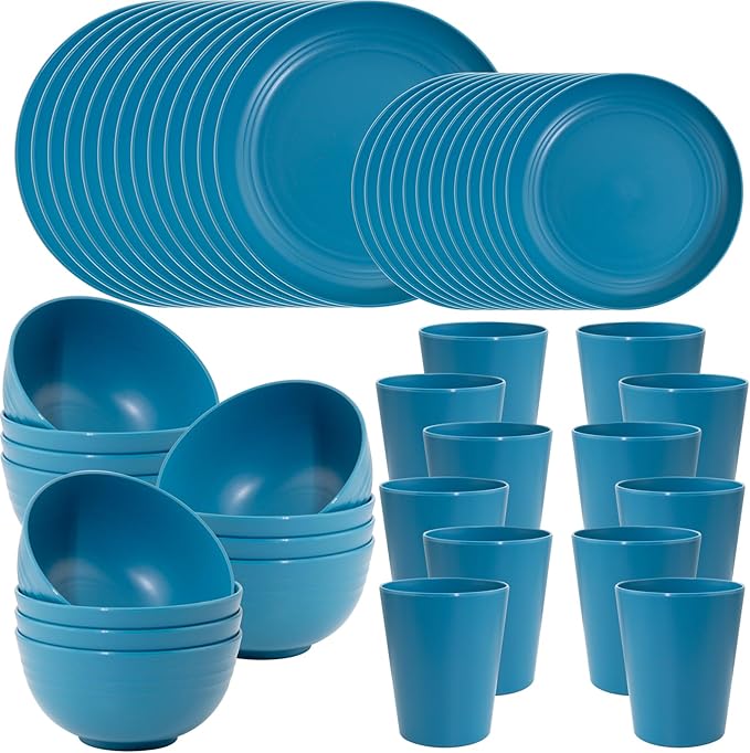 LIYH 48 Pcs Blue Wheat Straw Dinnerware, Plates and Bowls Set, Camping Dish Set for 12, Plastic Dinnerware Set, Dishwasher Safe Dinnerware Set, Unbreakable Plastic, Camper Dish Sets
