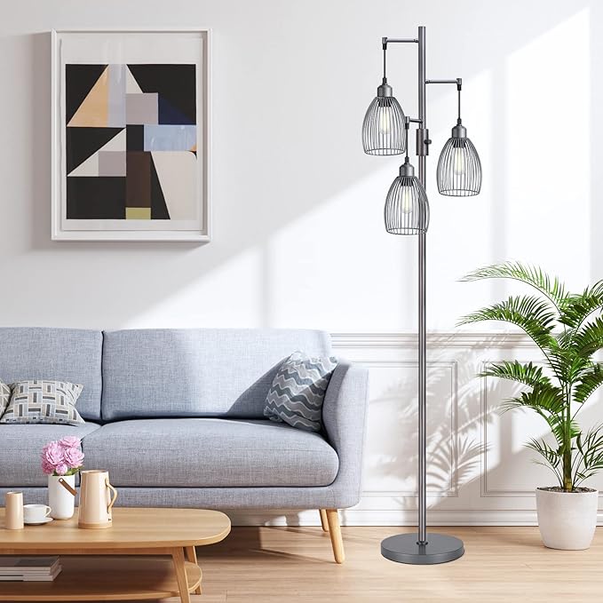 Torondo Dimmable Industrial Floor Lamps for Living Room, Gray Tree Standing Tall Lamps with 3 Elegant Teardrop Cage Head & 800 Lumens LED Bulbs for Bedroom Office