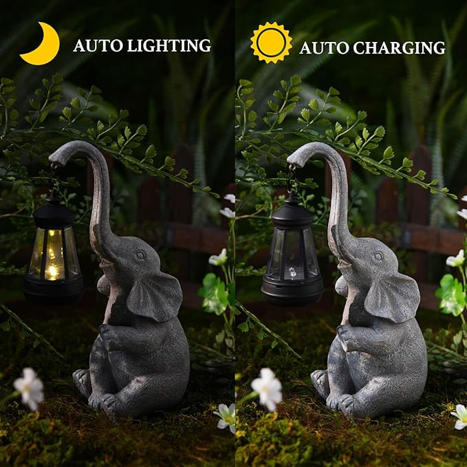 DiliComing Elephant Resin Sculpture - 12 Inch Solar-Powered Outdoor Garden Decor, Housewarming & Birthday Gift for Women, UV-Resistant Coating - Elephant Statue