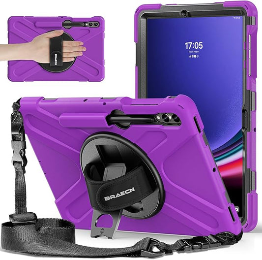 BRAECNstock for Samsung Galaxy Tab S10+ Plus/ S9 FE+ Plus/ S9+ Plus/ S8+ Plus/ S7 FE/ S7+ Plus 5G Tablet Case 12.4" Shockproof Protective Kids Case with Pen Holder Rotating Hand Strap & Stand - Purple