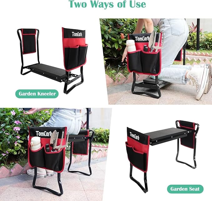 TomCare Garden Kneeler Seat Garden Bench Garden Stools Foldable Stool with Tool Bag Pouch EVA Foam Pad Outdoor Portable Kneeler Christmas Gardening Gifts for Women Men,Large 21.65"x10.62"x18.89",Black