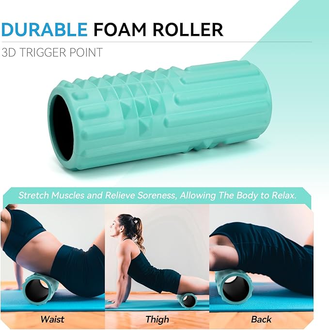 5 in 1 Foam Roller Set, High Density Fitness Exercise Foam Roller for Deep Tissue Muscle Massage, Massage Roller, Massage Ball, Resistance Band, for Whole Body(Tiffany Green)
