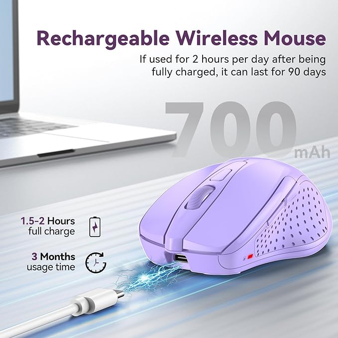 TechRise Bluetooth Mouse (BT5.0/3.0 & 2.4G) Rechargeable Wireless Mouse, 4800 DPI Optical Tracking, 6 Adjustable DPI, 2.4GHz with USB A Receiver, Quiet Clicks, Ergonomic Grips, 6 Buttons - Lavender