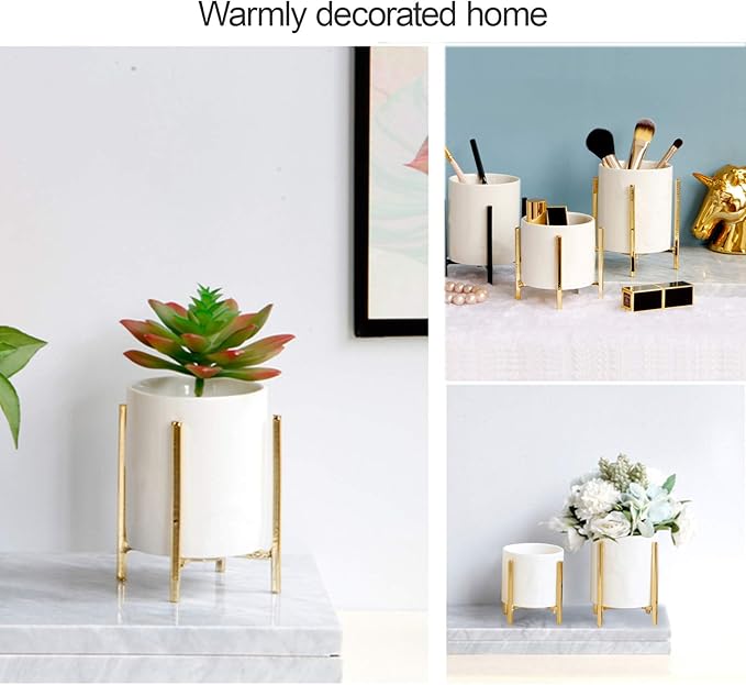 Gold pencil cup Sturdy metal frame with white ceramic pen holder For desks and kitchen appliance holders