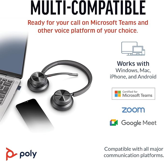 Poly Voyager 4320 UC Wireless Headset & Charge Stand - Noise-Canceling Wireless Headphones with Mic - Connect to PC via USB-C to USB-A Adapter, Cell Phone via Bluetooth, Microsoft Teams Certified