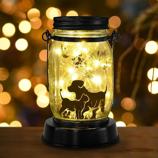 Solar Mason Jar Lights for Outdoors - Paw Print & Bone-Shaped Pet Garden Decor with Auto On/Off - Waterproof Dog & Cat Themed Gift for Pet Lovers, Yard, Pathway - Warm White LEDs