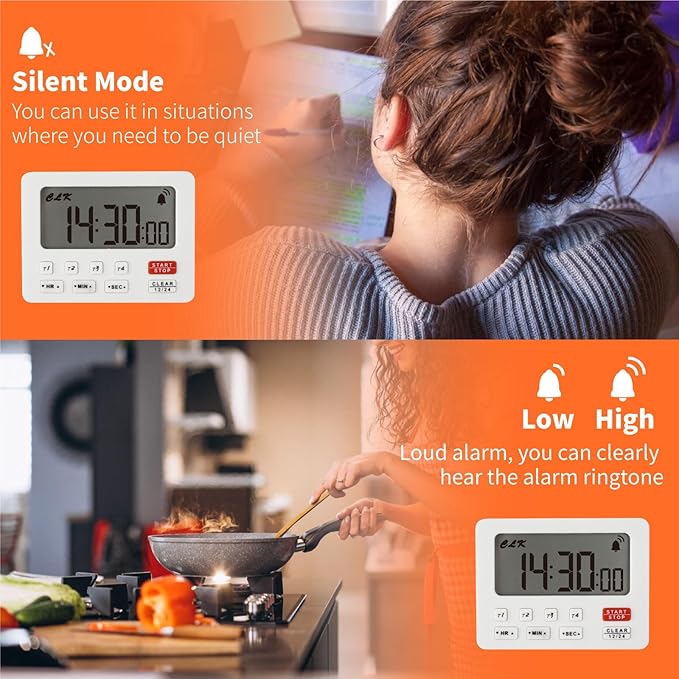 YOOREAL Digital Kitchen Timers, with 4 Sets of Countdown Stop Watches Timer/Magnetic Timer Clock with Adjustable Loud Alarm Classroom Cooking Fitness Baking Studying Teaching (White)