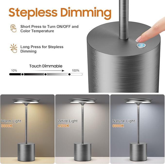 Cordless Table Lamp, Portable Rechargeable 6000mAh Outdoor Table Lamp, 3 Color Stepless Dimming Battery Powered Lamp, LED Table Light for Dinner/Restaurant/Outdoor (Gray)