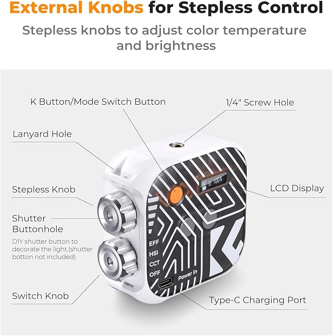 K&F CONCEPT RGB Video Light, 360° Full Color Portable Photography Light, LED Camera Light w 21 Light Effects, 2500K-9900K CRI 96+, 2000mAh Rechargeable Photography Lighting for Vlogging, Selfie, White