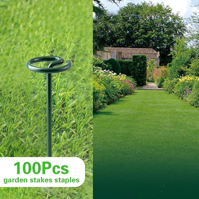 Bakulyor 100Pcs Circle Top Landscape Staples, 6 Inch Green Artificial Turf Stakes, 9 Gauge Landscape Fabric Pins, Heavy Duty Yard Lawn Spikes for Outdoor Soil Gardening Weed Barrier Sod Fabric - 6"