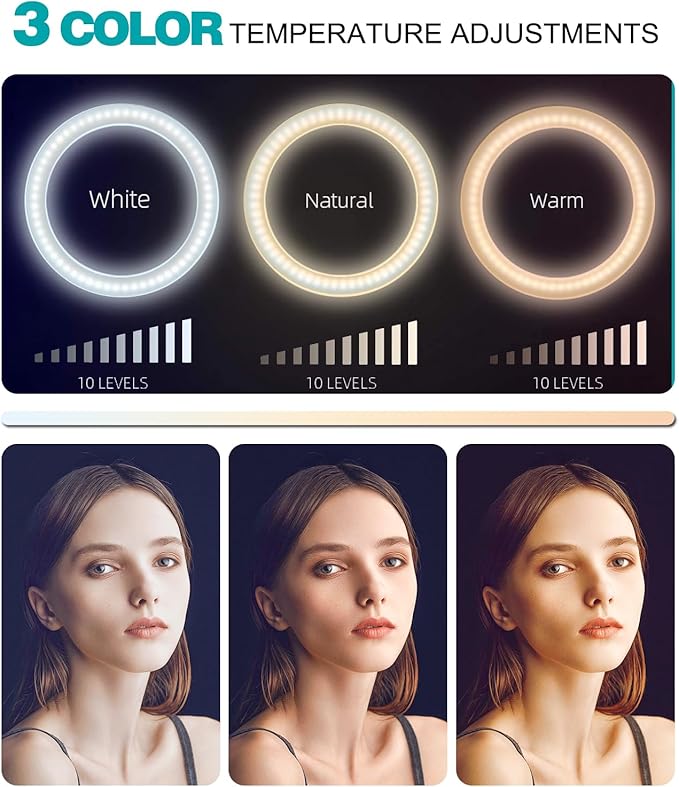 10" Selfie Ring Light with 10" Stand and 60" Selfie Stick, 3 Color Light Adjustment Suitable for Phones and Cameras, Makeup/Live Streaming/Taking Photos