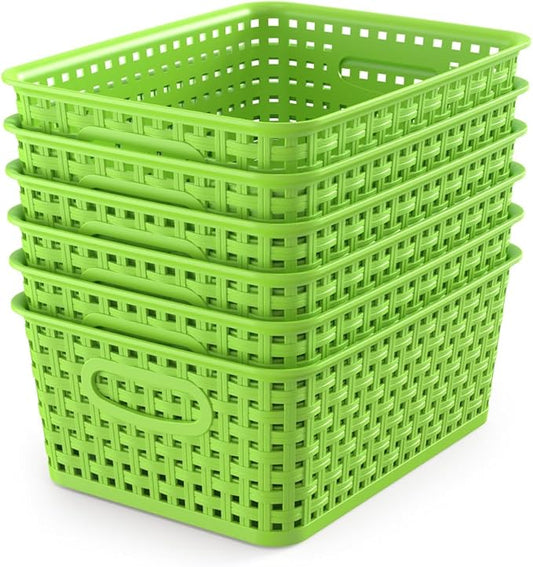 WYT 6-Pack Plastic Small Shelf Storage Weave Baskets Organizing for Cabinets and Pantries, Green
