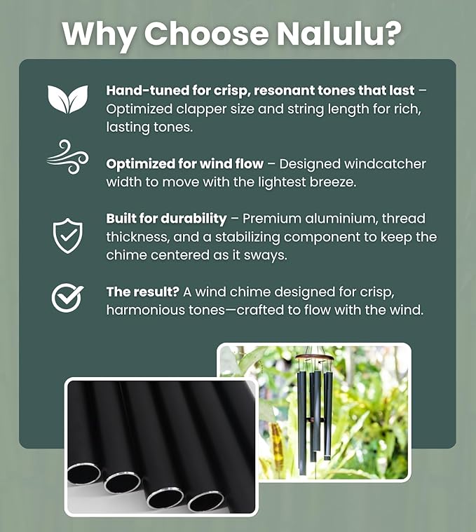 Wind Chimes – 28” Black Modern Wind Chimes for Deep, Soothing Tones – Outdoor Garden Décor, Hand-Tuned Metal Chimes for Relaxation – Weatherproof Gift for Patio, Yard & Zen Spaces