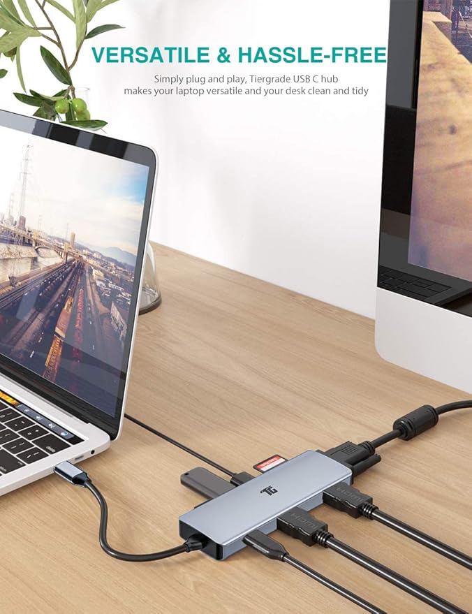 USB C Hub, Tiergrade 9 In 1 Triple Display Collage Display Laptop Docking Station with 2 4K HDMI, VGA, PD, USB 3.0 and TF/SD Card Reader, USB C Dock for MacBook/Dell/HP/Lenovo and Other Type-C Laptops