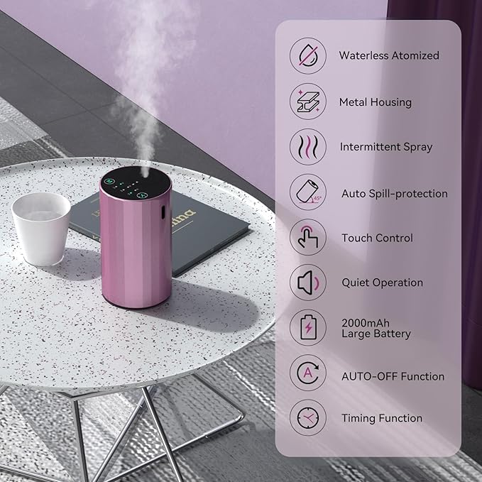Essential Oil Diffuser Waterless Scent Aromatherapy Diffusers for Home Large Room, Bedroom, Car, Office,Desk, Battery Operated, Small Cordless Air Freshener Machine, 3 Countdown Timers & 3 Mist Levels