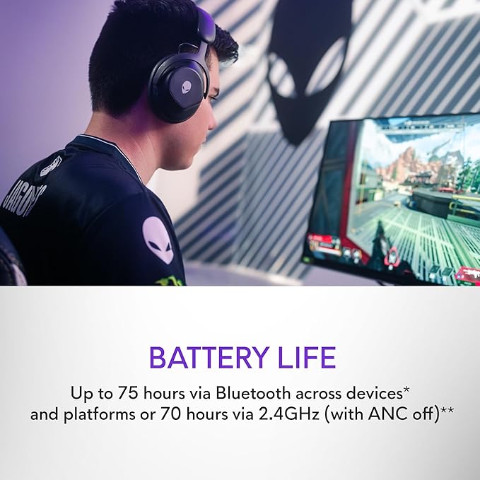 Alienware Pro Wireless Gaming Headset - Wired/Wireless, Bluetooth 5.3, 15 Minute Fast Charging, Audio Output 20 Hz, Battery Talk Time (ANC on) Up to 24 Hrs (Bluetooth), Dark Side of The Moon