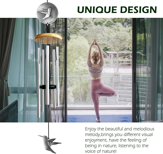 Hummingbird Wind Chimes for Outside,29 "Outdoor Wind Chimes Hummingbird Gifts for Women/Mother/Father/Christmas/Unisex,Unique Windchimes Outdoors Patio Home Yard Garden Decor(Silver)
