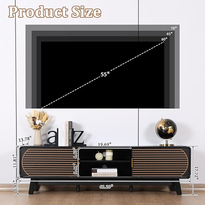 Mid Century Modern TV Stand for 55/60/65 Inch TV, 63" TV Console Table with Fluted Sliding Doors, Entertainment Center and Media Console with Storage for Living Room (Black)