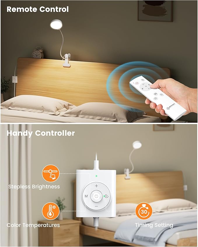 Glocusent Brighter Clip on Lamp with Remote, Eye-Caring Clip on Light for Bed Headboard, 3 Color & 5 Brightness Bed Lamp, 30-Min Auto-Off Timer, Reading Light with Adapter