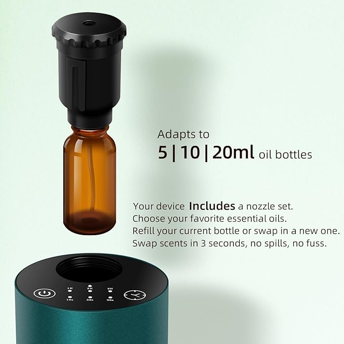 Waterless Essential Oil Diffuser Starter Kit - No Water Needed, Battery Operated Scent Diffuser Included 120ml Essential Oil, Portable Mini Aromatherapy Nebulizer for Home, Room, Car, Office, Green