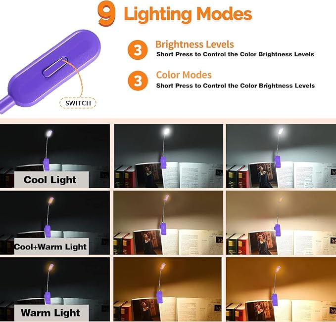 VAVOFO Rechargeable Book Light for Reading in Bed Kids, 7 LED Reading Light with 9-Level Warm Cool White Daylight, Eye Care Lamp with Power Indicator for Bookworms (Dark Purple)