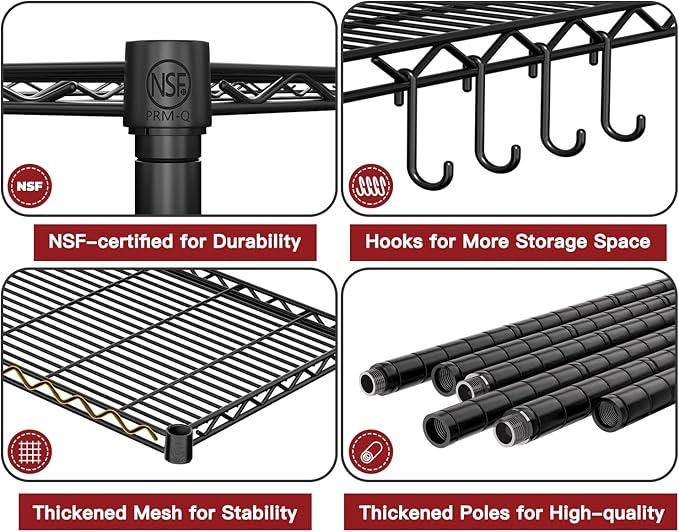 PrimeZone Wire Metal Storage Shelves - 5 Tier Adjustable NSF Certified Heavy Duty Garage Shelving Unit Organizer Rack, Steel Utility Shelf for Kitchen, Pantry, 35.5" W x 14" D x 72" H, Black, 2 Packs