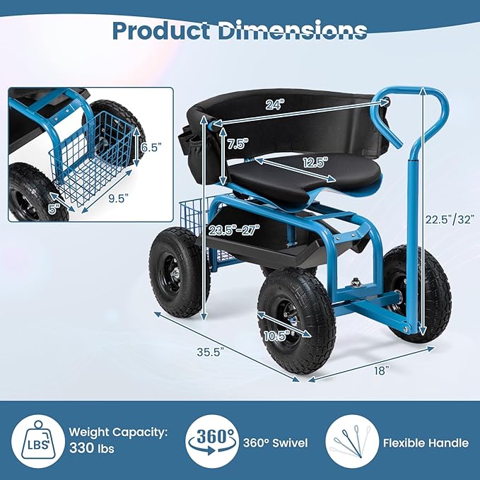 Goplus Garden Seat with Wheels, Rolling Gardening Stool with Adjustable 360° Swivel Seat, Tool Tray & Storage Basket, Extendable Handle, Outdoor Gardening Scooter, Garden Cart Workseat for Seniors