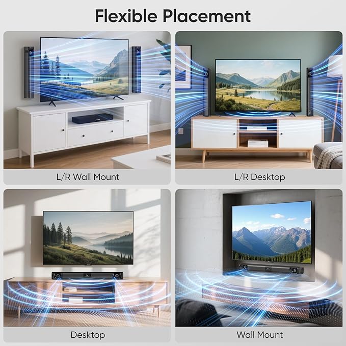 Sound Bar for Smart TV, 80W Soundbar with Four Woofers, Dual Horn Tweeters, 2.0 Channel TV Speaker, 2 in 1 Detachable Design, BT/ARC/AUX/Optical Connection, Surround Sound System for TV