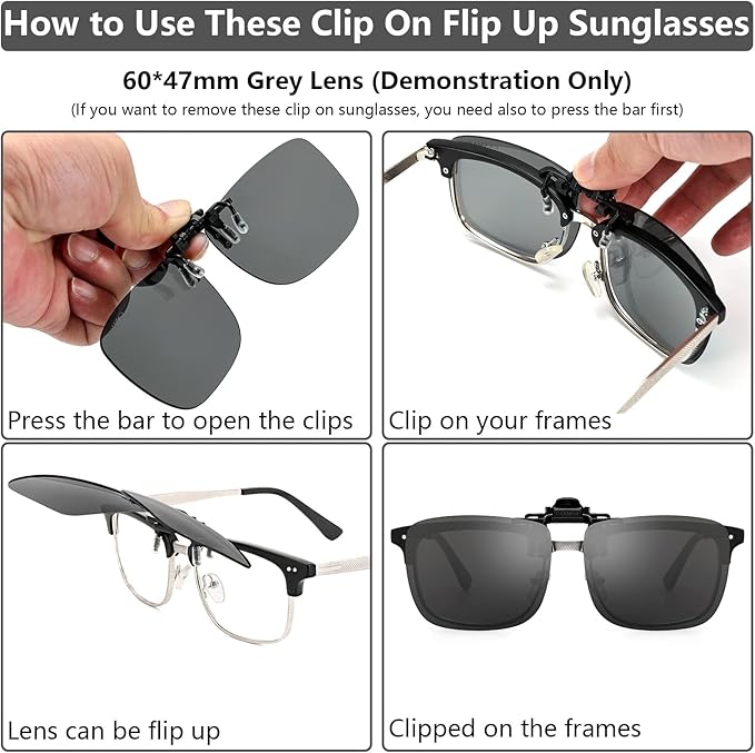Polarized Clip-on Flip Up Metal Clip Rimless Sunglasses for Prescription Glasses