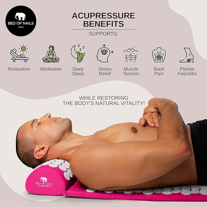 BED OF NAILS The Original Premium Acupressure Mat, 8,820 Acupuncture Pressure Points for Back Pain Relief, Increased Energy, Relaxation, FSA/HSA Eligible, with Drawstring Bag, 29 x 16 x 1, Pink