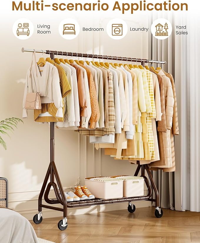 Heavy Duty Clothing Rack, Metal Clothes Rack Load 450 LBS, Rolling Coat Racks for Hanging Clothes with Lockable Wheels, Wardrobe Closet Garment Racks for Bedroom, Brown