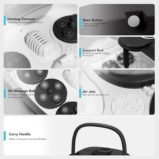 Collapsible Foot Spa Electric Foot Bath with Heat, Bubble, Remote, 24 Motorized Shiatsu Massage Balls. Pedicure Soaking tub for Feet Stress Relax (Black)