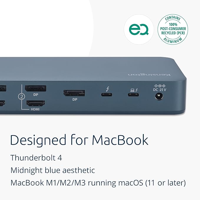Kensington SD5900T DisplayLink Docking Station Thunderbolt 4, Quad 4K for MacBook Pro/Air M1/M2/M3/M4 with Pro and Max Chipsets, 100W PD, HDMI/DP/TB4, SD/Micro SD Card Slots - Midnight Blue (K35232NA)