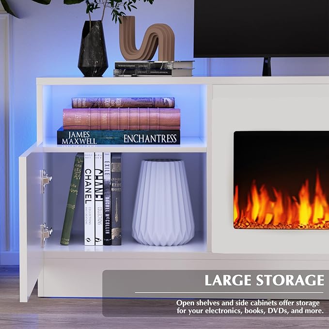 Lemberi Fireplace tv Stand with 36 inch White Fireplace Up to 80" TVs,LED Light Entertainment Center and Storage, 70" Modern Wood Media TV Console with Highlight Cabinet for Living Room