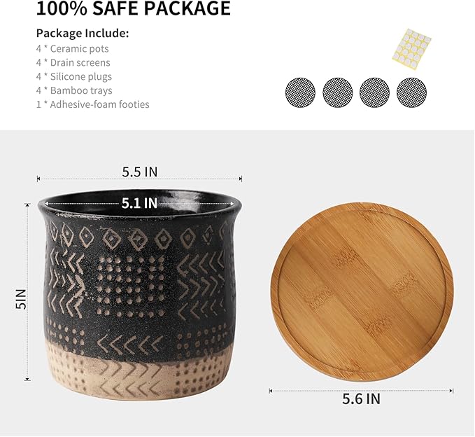 TAMAYKIM 5.5 Inch Ceramic Plant Pots Sets with Drainage Holes, Retro Style Black Flower Planter Pot with Saucer for Indoor Outdoor Succulent, Snake Plants, Cactus & Herbs, Set of 4