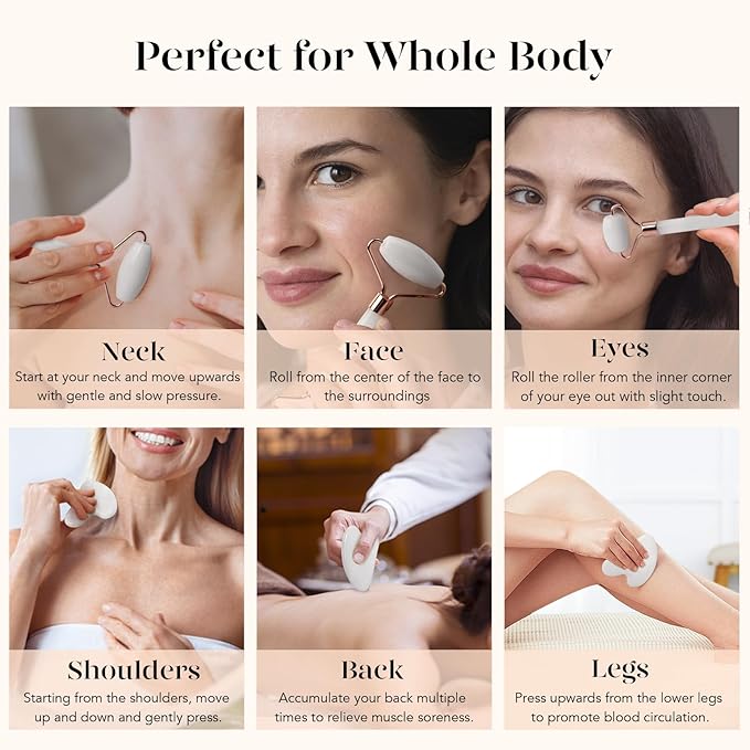 BAIMEI Jade Roller & Gua Sha Set Face Roller and Gua Sha Facial Tools for Skin Care Routine and Puffiness, Self Care Gift for Men Women - White