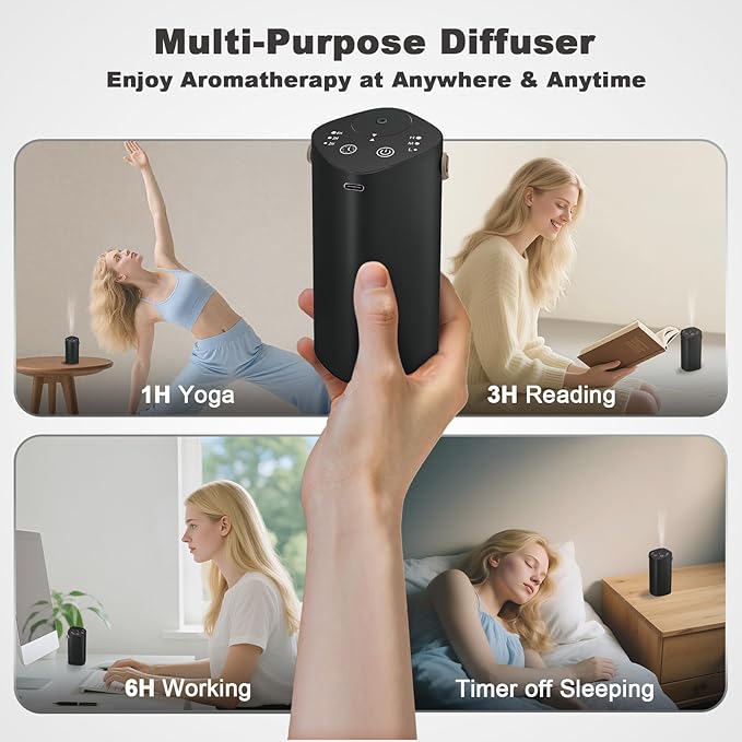 Waterless Essential Oil Diffuser with Handle, Scent Diffuser for Car Home Office Bathroom with Timer, Small Rechargeable Aromatherapy Diffuser, Portable Cordless Aroma Car Diffuser, Black