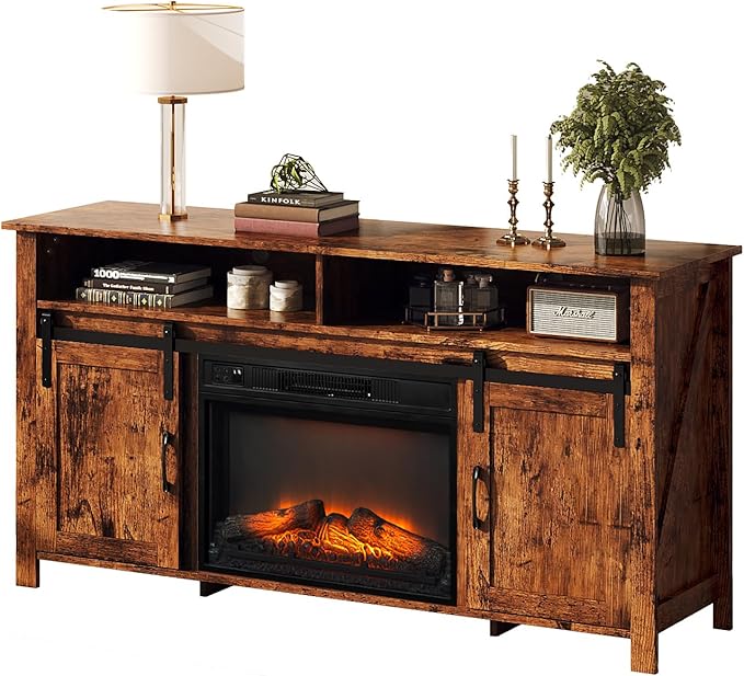 VINGLI Fireplace TV Stand with Sliding Barn Door for 70 Inch TV, Farmhouse Entertainment Center with 23" Fireplace, Media Console Table with Storage Cabinets for Living Room, Rustic Brown
