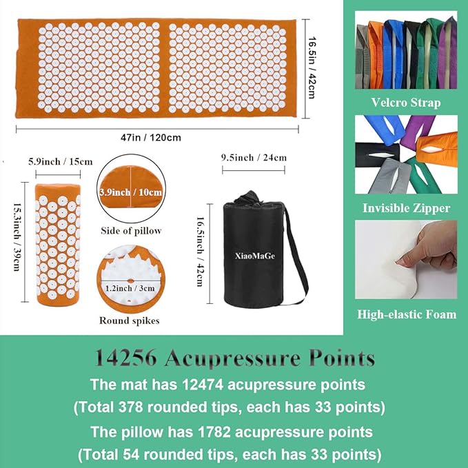 Acupressure Mat and Pillow Set with Bag - Extra Long Acupuncture Mat for Neck & Back Pain Relief- Naturally Relaxation Gift for Women - Stress Relief Massage Mat (Orange)