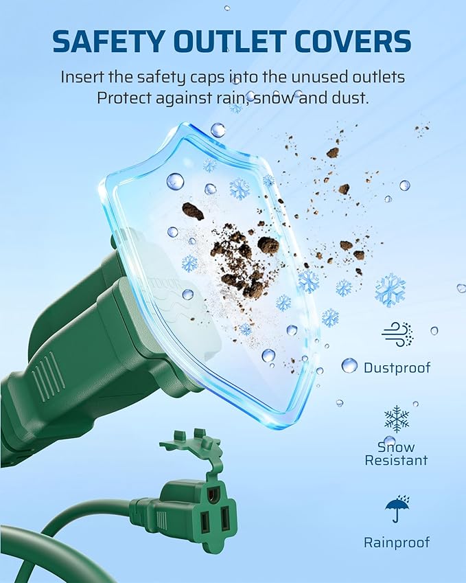 DEWENWILS Outdoor Extension Cord Multiple Outlets 45ft, Evenly Spaced 3 Outlets Plugs with Safety Cover, 16/3 SJTW Weatherproof Wire for Outdoor Lights and Holiday Decorations