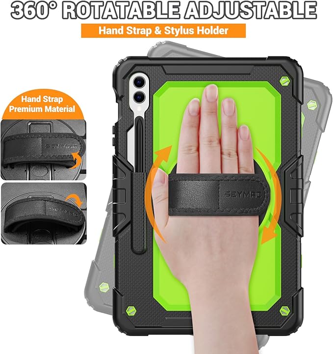 SEYMAC Case for Samsung Galaxy Tab S10+ Plus 2024/S9 FE+/S9+ 12.4" 2023, Heavy Duty Shockproof Protective Case With Screen Protector, Stand, Hand/Shoulder Strap and Pen Holder, Green