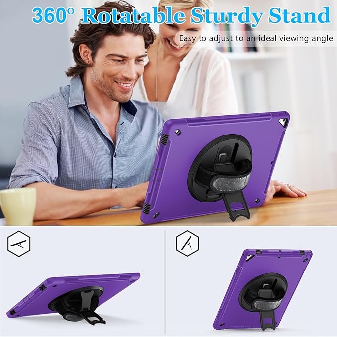 Case for iPad Pro 12.9 2nd Generation 2017 & 2015 1st Generation, Heavy Duty Rugged Shockproof Protective Cover w/ 360° Rotatable Stand + Handle Hand & Shoulder Strap + Pencil Holder-Purple