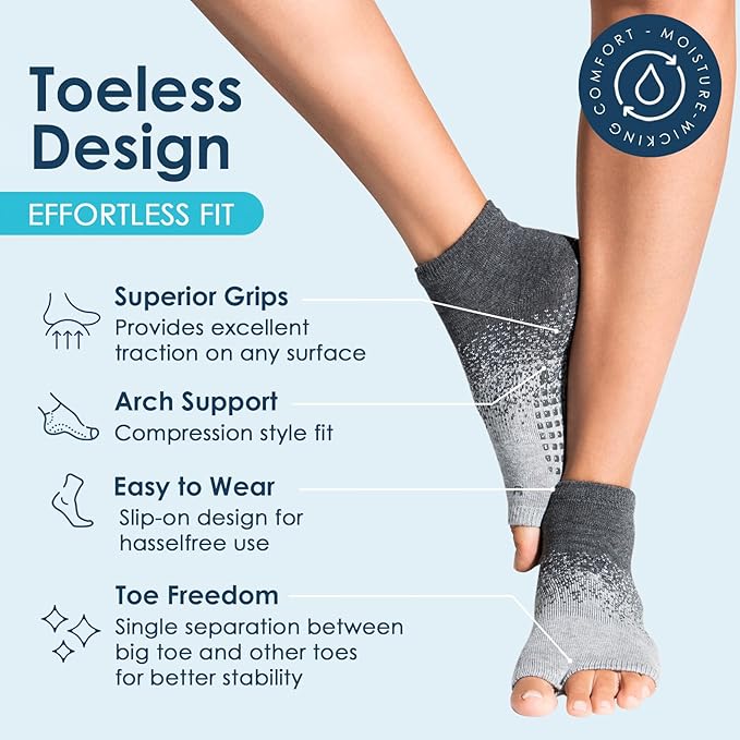 Tucketts Anklet Toeless Pilates Socks with Grips for Women, Non-Slip Ankle Toeless Yoga Socks with Grips for Barre, Size 5-13