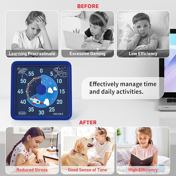 Secura 60-Minute Visual Timer for Kids, Time Clocks, Countdown Timer for Office Kitchen, Classroom Timer for Kids, Silent Time Management Tool (Navy Blue & Navy Blue)