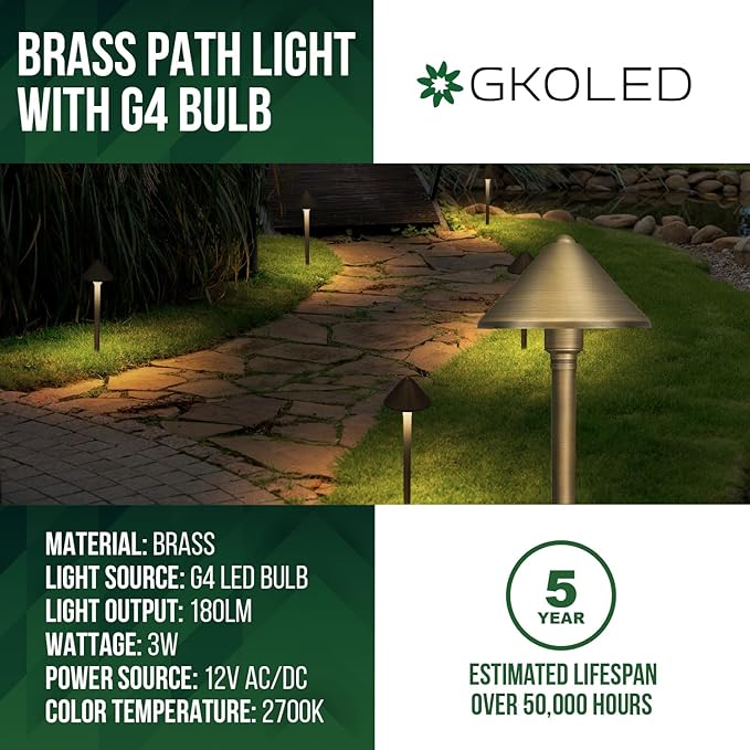 GKOLED Solid Brass Landscape Path Lights (5" Shade, 20" Tall), Low Voltage LED 3W 12-24V AC/DC Conehead Path Lighting, 2700K Outdoor Waterproof Walkway Light, with Stake and G4 Bulb, 2 Pack
