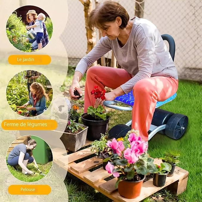 Garden Stool with Wheels, Height Adjustment, Rolling Garden Cart with 360° Swivel Seat, Portable Garden Scooter for Gardening Work（4 Wheels）